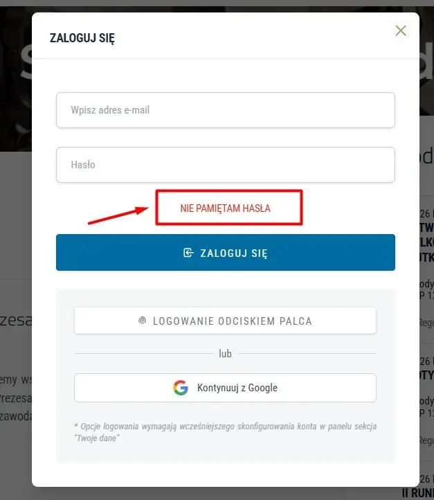 Zrzut ekranu: formularz logowania z opcją „Nie pamiętam hasła”